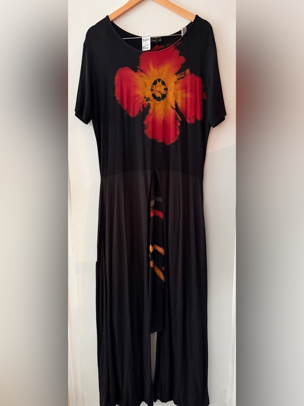 Rare Vintage Eastern Serenity Black Pantsuit Bold Red-Orange Floral Size L Y2K